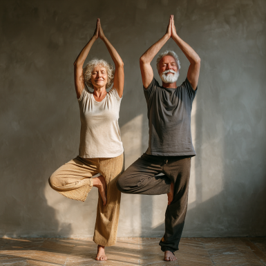 Grup de seniori practicând yoga gentle
